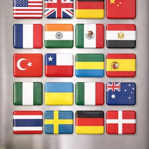 Op de afbeelding: Zestien rechthoekige magneten, elk met een nationale vlag. Vlaggen zijn onder meer die van de Verenigde Staten, het Verenigd Koninkrijk, Duitsland, China, Frankrijk, India, Mexico, Egypte, Turkije, Chili, Gabon, Spanje, Nigeria, Oekraïne, Italië, Australië, Thailand, Zweden en Denemarken.
