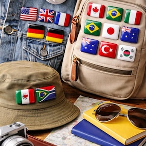 May include: A denim jacket, backpack, and hat decorated with flag-shaped magnets. The flags represent various countries, including the USA, UK, France, Germany, Canada, Brazil, Italy, Japan, Australia, Turkey, and South Korea. Travel accessories are also visible.