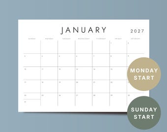 Monatskalender 2027 | Minimalistischer Kalender zum Ausdrucken | iPad, PDF zum Ausdrucken | A4, US Letter | Montag & Sonntag