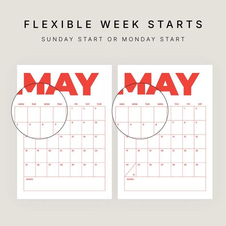 May include: Two May calendar pages with red text and grid lines. The top text reads FLEXIBLE WEEK STARTS and SUNDAY START OR MONDAY START. One calendar shows a Monday start, the other a Sunday start, each with a circular zoom highlighting the days.