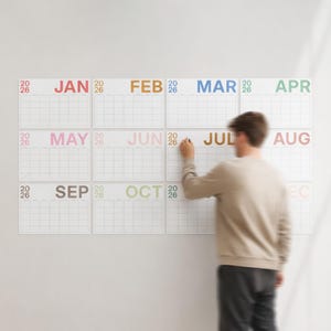 Puede incluir: Un calendario de pared para el año 2026, con cada mes mostrado en un panel blanco separado. Los meses están etiquetados en varios colores. Una persona está escribiendo en el panel de julio.