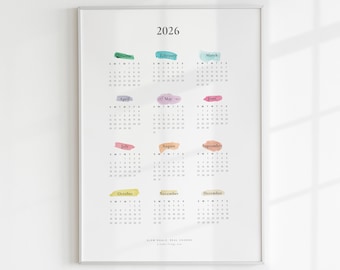 Overzichtskalender 2026 jaar | Minimalistische aquarelplanner (digitale afdrukbare pdf A2-A4 en US Letter-formaten)