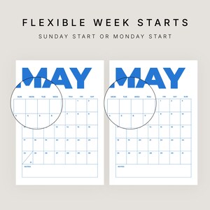 K&ouml;nnte beinhalten: Zwei Kalenderbl&auml;tter f&uuml;r Mai mit blauem Text und Rasterlinien. Der Text oben lautet FLEXIBLE WEEK STARTS SUNDAY START OR MONDAY START. Ein Kalender beginnt am Sonntag, der andere am Montag, beide mit einer kreisf&ouml;rmigen Vergr&ouml;&szlig;erung der ersten Woche.