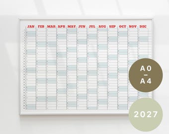Jahreskalender 2027 | Ästhetischer Jahreskalender | Minimalistischer Wandkalender | Druckbare PDF-Datei | Digitaler Download (A0–A4)