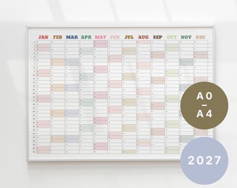 Jahreskalender 2027 | Farbiger Jahreskalender | Druckbarer Wandkalender | A0–A4 PDF | Minimalistischer Jahresplaner