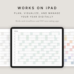 May include: An iPad displaying a digital planner with a 2026 yearly calendar. The screen shows a grid layout for planning and managing the year. Text at the top reads "WORKS ON iPad" and "PLAN, VISUALIZE, AND MANAGE YOUR YEAR DIGITALLY." Compatible with GoodNotes.