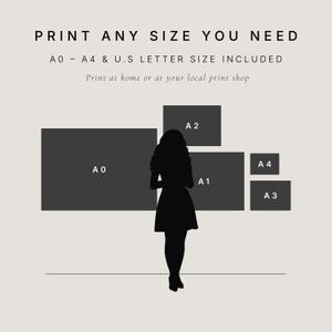 May include: A graphic with the text "PRINT ANY SIZE YOU NEED" and size options A0-A4 and U.S. Letter. A silhouette of a person stands in front of rectangular shapes labeled A0, A1, A2, A3, and A4. The text "Print at home or at your local print shop" is also included.