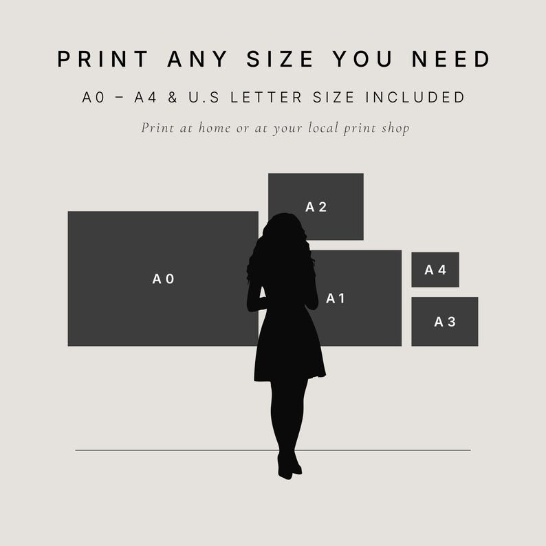 May include: A graphic with the text "PRINT ANY SIZE YOU NEED" and size options A0-A4 and U.S. Letter. A silhouette of a person stands in front of rectangular shapes labeled A0, A1, A2, A3, and A4. The text "Print at home or at your local print shop" is also included.