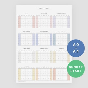 Könnte beinhalten: Ein Wandkalender für 2026-2027 mit einer Zwölf-Monats-Übersicht, die am Sonntag beginnt. Das Design umfasst pastellfarbene Spalten für Wochenenden und klaren schwarzen Text für Monate und Tage. Zwei runde Symbole zeigen A0-A4-Größen und Sonntag-Start.