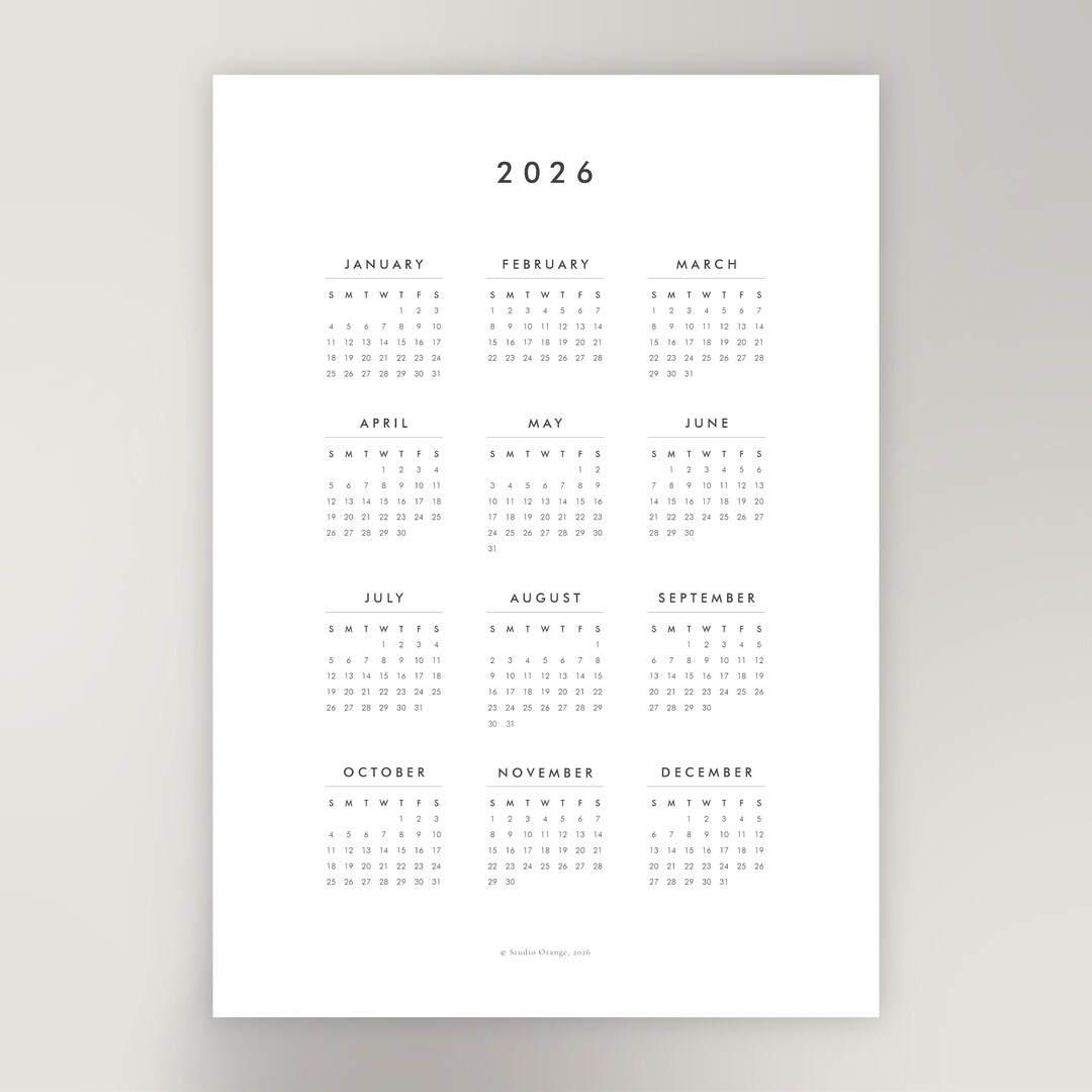 2026 Year at A Glance Wall Calendar | Minimalist Calendar | Printable ...