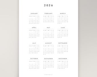 2026 Year At A Glance Wall Calendar | Minimalist Calendar | Printable Yearly Planner | Digital Download