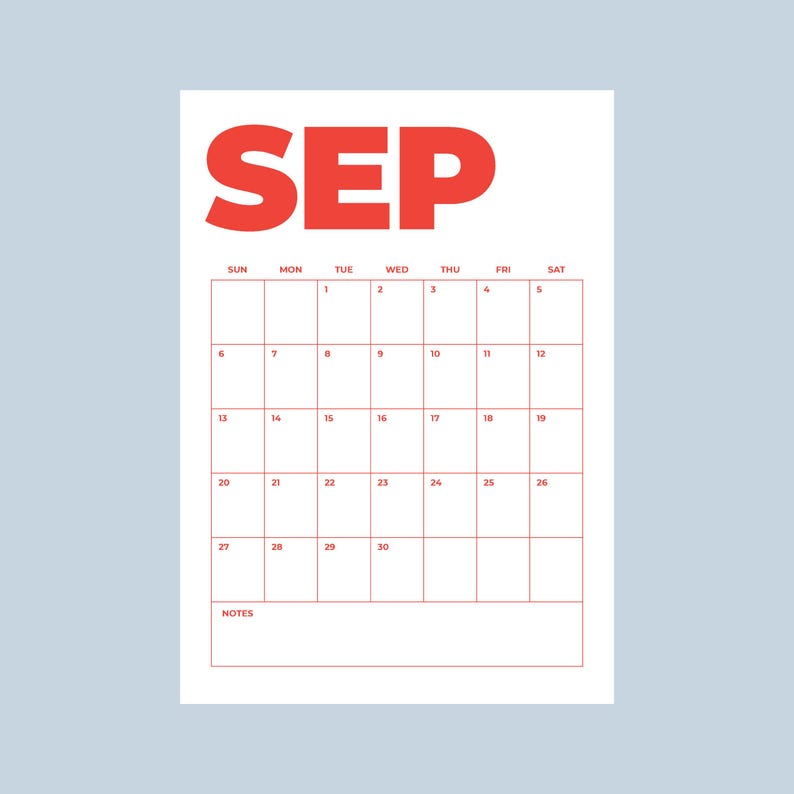 May include: A white calendar page for the month of September with bold red text reading SEP at the top. The grid features red lines and red numbers for the days one through thirty, with a dedicated notes section at the bottom of the page.