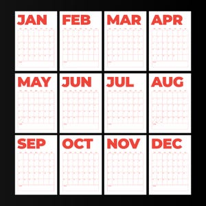 May include: A twelve-month wall calendar featuring white pages with red text and grid lines. Each month is labeled with its three-letter abbreviation in bold red font, followed by a standard calendar grid with days of the week and numbered dates.