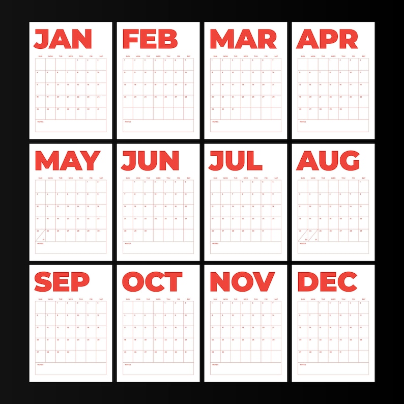 May include: A twelve-month wall calendar featuring white pages with red text and grid lines. Each month is labeled with its three-letter abbreviation in bold red font, followed by a standard calendar grid with days of the week and numbered dates.
