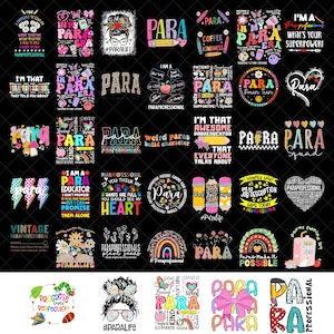 Könnte beinhalten: Eine Sammlung farbenfroher Grafikdesigns mit dem Wort "PARA" und verwandten Phrasen. Designs umfassen Bleistifte, Regenbogen, Herzen und Text wie "Dream Team" und "Awesome Paraeducator". Die Designs befinden sich auf schwarzem Hintergrund.