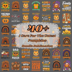 Puede incluir: Una colección digital de diseños de sublimación con temática de Halloween que presenta varias ilustraciones de calabazas, arcoíris y textos relacionados con la enfermería. Los gráficos incluyen frases como Big Sister of the Patch y Family Vibes.