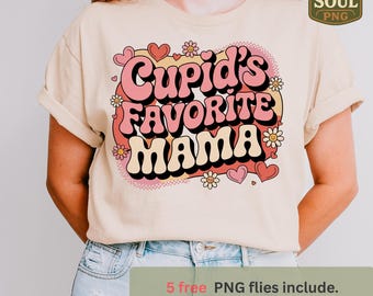 Ulubiona Mama Kupidyna | Projekt koszulki walentynkowej | Retro Love Mom PNG | Grafika walentynkowa | Sublimacja POD