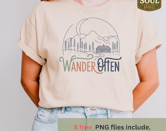 Wander Often Cabin Mountain PNG, Adventure Outdoor Hiking Retro Badge Design, Nature Lover Sublimation, Camping Clipart, Digital Download
