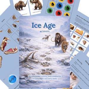 以下が含まれることがあります： マンモスやサーベルタイガーなど、先史時代の動物のイラストが描かれた「Ice Age Activity」教育パック。科学、論理、早期数学のゲームやアクティビティが含まれています。「anna_key_」というテキストも表示されています。