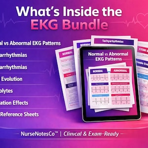 May include: A digital tablet displaying an EKG bundle with multiple reference sheets featuring medical charts on normal and abnormal heart rhythms, tachyarrhythmias, bradyarrhythmias, STEMI evolution, electrolytes, and medication effects.