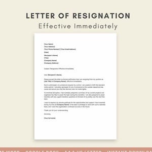 Resignation Letter Effective Immediately | Professional Job Exit Notice | Editable in Google Docs & MS Word