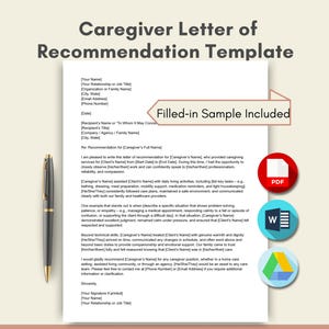 May include: A Caregiver Letter of Recommendation template document featuring a black pen on the left, a filled-in sample callout box, and circular icons for PDF, MS Word, and Google Docs formats. The text includes placeholders for contact details.