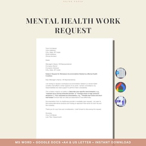 May include: A document titled "MENTAL HEALTH WORK REQUEST" with a light beige background. The document is a request for workplace accommodation related to a mental health condition. The document is available in MS Word and Google Docs formats.
