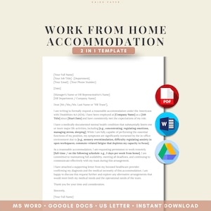 Puede incluir: Plantilla para una solicitud de adaptación al trabajo desde casa. El documento incluye secciones para la información del empleado, la fecha y una solicitud de trabajo remoto. Incluye opciones de MS Word, Google Docs y US Letter.