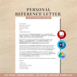 Personal Reference Letter Template | Character Reference Letter | Universal Letter of Recommendation | Editable Google Docs & Word