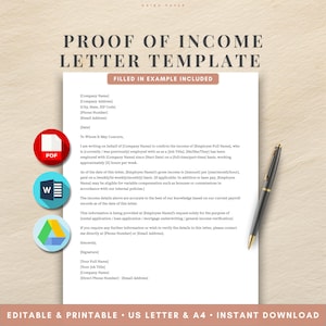 Editable Proof of Income Letter Template | Income Verification | Google Docs & Word PDF | Instant Download