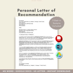 Puede incluir: Una plantilla digital para una carta de recomendación personal con un diseño estructurado y marcadores de posición para información de contacto, detalles del destinatario y cuerpo del texto. Incluye un ejemplo completado e iconos de PDF, Word y Google Docs.