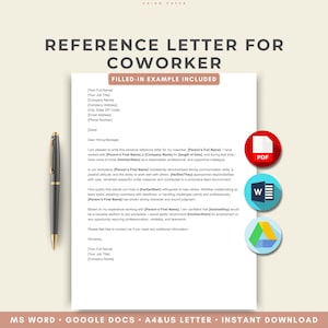 May include: A digital template for a reference letter for a coworker, featuring placeholders for contact information and professional text. A black pen sits to the left, while icons for PDF, MS Word, and Google Docs appear on the right side.