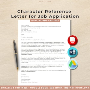 Könnte beinhalten: Eine Vorlage für ein Charakterreferenzschreiben für eine Stellenbewerbung. Das Dokument trägt den Titel "Character Reference Letter for Job Application" und enthält auszufüllende Abschnitte. Symbole für PDF, Word und Google Docs sind ebenfalls sichtbar.