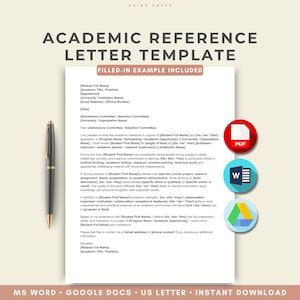 Puede incluir: Una plantilla de carta de referencia académica con un bolígrafo negro a la izquierda y tres iconos circulares a la derecha que representan los formatos PDF, Word y Google Drive. El texto incluye marcadores de posición para nombres y datos.