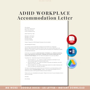 Puede incluir: Plantilla de carta de adaptación laboral para el TDAH. El documento incluye secciones para la información del remitente y del destinatario, una solicitud de adaptación y una lista de posibles ajustes. Iconos de PDF, Word y Google Docs.