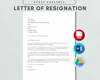 Plantilla de carta de renuncia inmediata / Documentos de Google y Word / Renuncia efectiva de inmediato / Carta de salida profesional