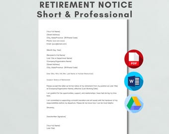 Plantilla breve de carta de jubilación / Aviso de jubilación (Descarga instantánea)