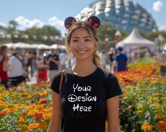 T-shirt nera Bella Canvas 3001, Mockup del parco a tema, Mock-up di camicia in stile, Mock-Up per le vacanze del Regno Magico, Modello del parco a tema
