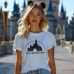 Woman White T-shirt Mockup for Bella Canvas 3001, Gildan, Comfort Colors. Magic Castle Theme Park Minnie Ears Aesthetic Lifestyle Background