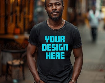 African American Black tshirt Mockup | Bella Canvas 3001| Black Model Mockup| Lifestyle Aesthetic Mock Up| Street View Mockup