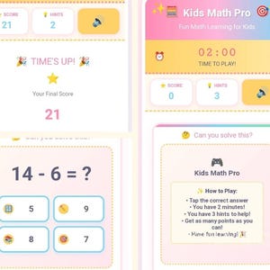 Może przedstawiać: Zrzuty ekranu z aplikacji Kids Math Pro, z kolorowym interfejsem z zadaniami matematycznymi. Aplikacja wyświetla wyniki, podpowiedzi i limity czasu, z tekstem "TIME'S UP!" i "Your Final Score 21". Aplikacja jest przeznaczona do zabawy w naukę matematyki dla dzieci.