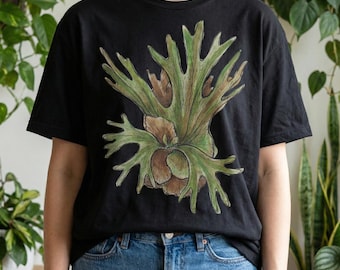 Platycerium Shirt, Staghorn Fern Tee, Botanical Fern Graphic T-Shirt, Vintage Plant Illustration, Unisex Plant Lover Gift, Indoor Jungle Top