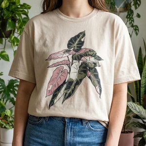 Alocasia Pink Bambino Shirt, Jumping Spider Detail, Rare Aroid Plant Tee image 1