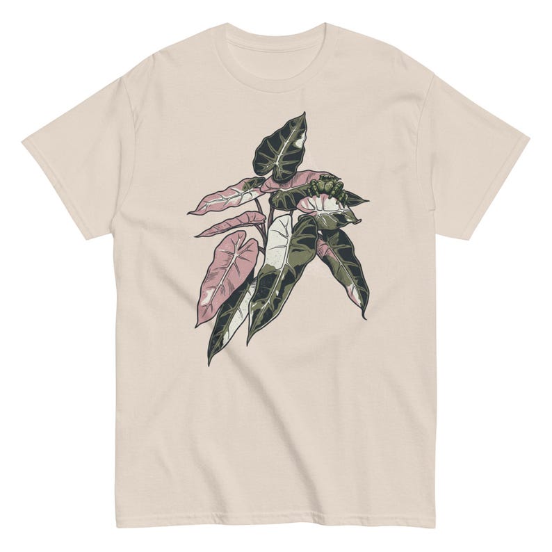 Alocasia Pink Bambino Shirt, Jumping Spider Detail, Rare Aroid Plant Tee Natural