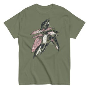 Alocasia Pink Bambino Shirt, Jumping Spider Detail, Rare Aroid Plant Tee Military Green