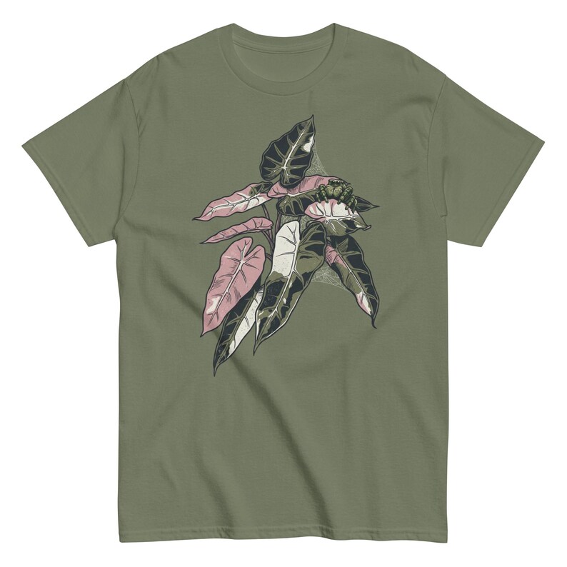 Alocasia Pink Bambino Shirt, Jumping Spider Detail, Rare Aroid Plant Tee Military Green