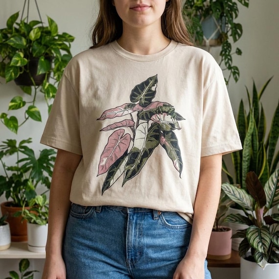 Alocasia Pink Bambino Shirt, Jumping Spider Detail, Rare Aroid Plant Tee