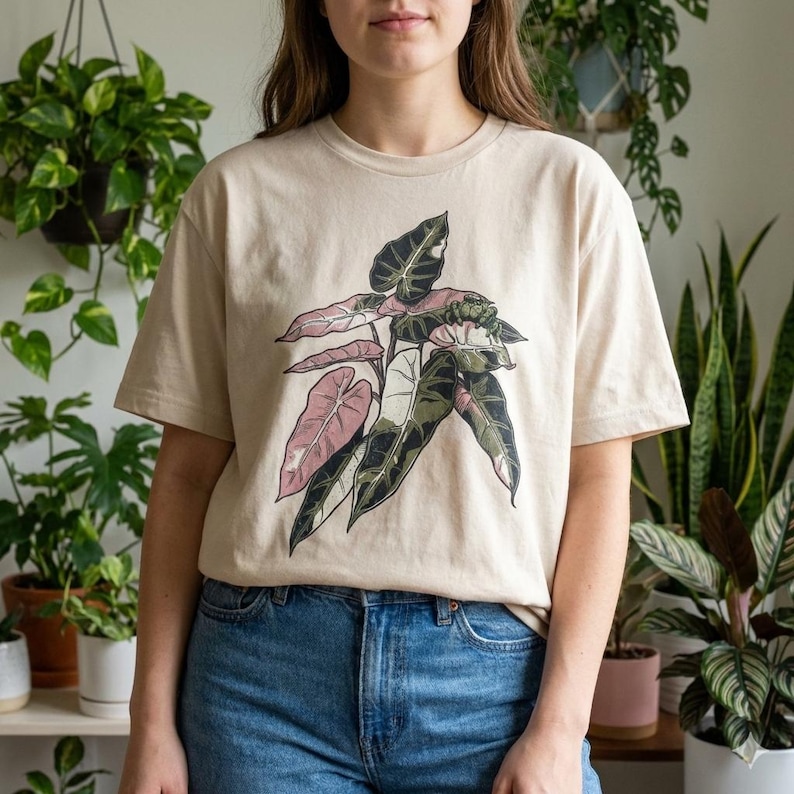 Alocasia Pink Bambino Shirt, Jumping Spider Detail, Rare Aroid Plant Tee image 1