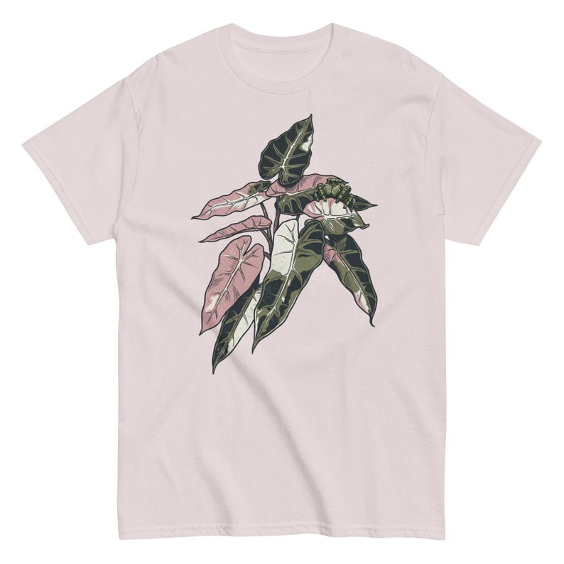 Alocasia Pink Bambino Shirt, Jumping Spider Detail, Rare Aroid Plant Tee Ice Grey