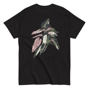 Alocasia Pink Bambino Shirt, Jumping Spider Detail, Rare Aroid Plant Tee Black